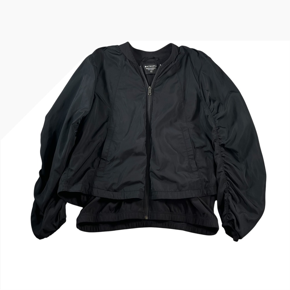 Athleta Womens Black Double Layer Ruched Sleeve Full Zip Bomber Jacket Size L/T